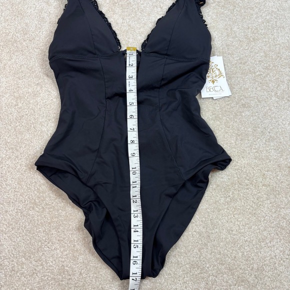 BECCA by Rebecca Virtue Frills Plunge Black Lace Trim V Neck One Piece Sz S NWT - Picture 9 of 9